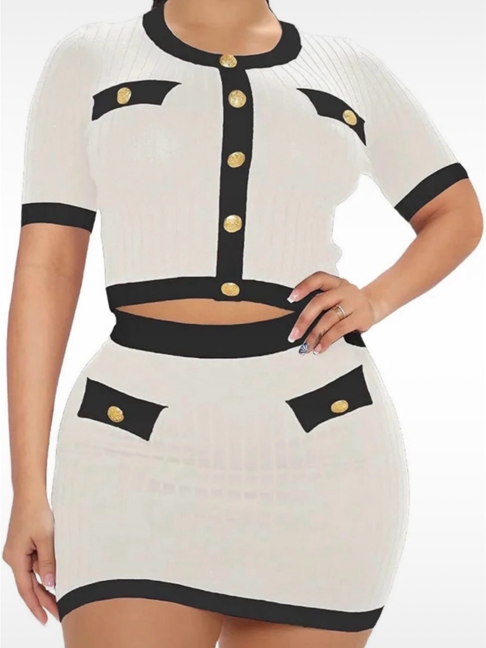 White Ribbed Two-Piece Mini Skirt Set with Black Trim